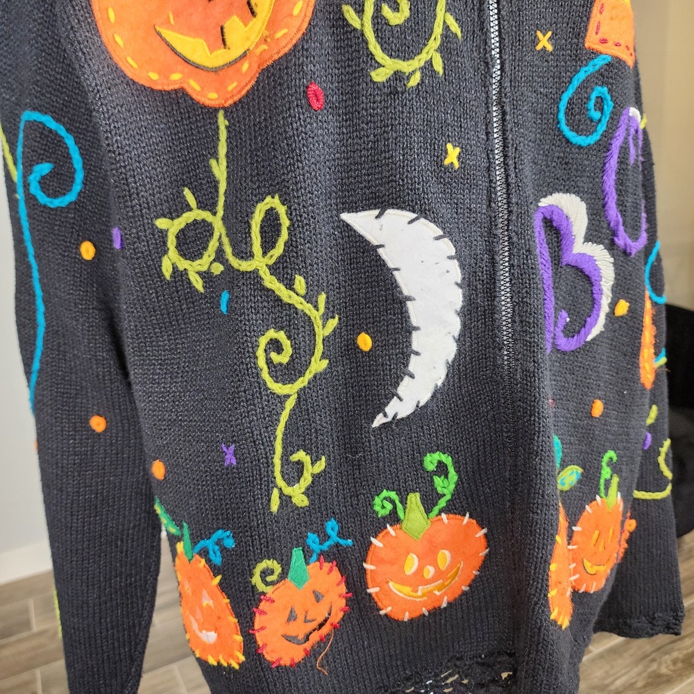 Yarnworks Vintage Halloween Zip Sweater Womens Large Black Orange Purple Boo 90s - Picture 5 of 15